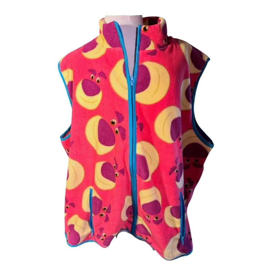 Disney Lotso Fleece Vest Pink With Purple & Yellow Faces Zippered Front Pockets - Picture 1 of 10